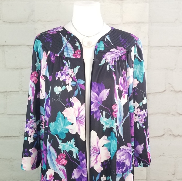 Vintage M/L Black Floral 3/4 Sleeve Maxi Muumuu House Dress 1/2 Zip Pullover - Picture 4 of 8